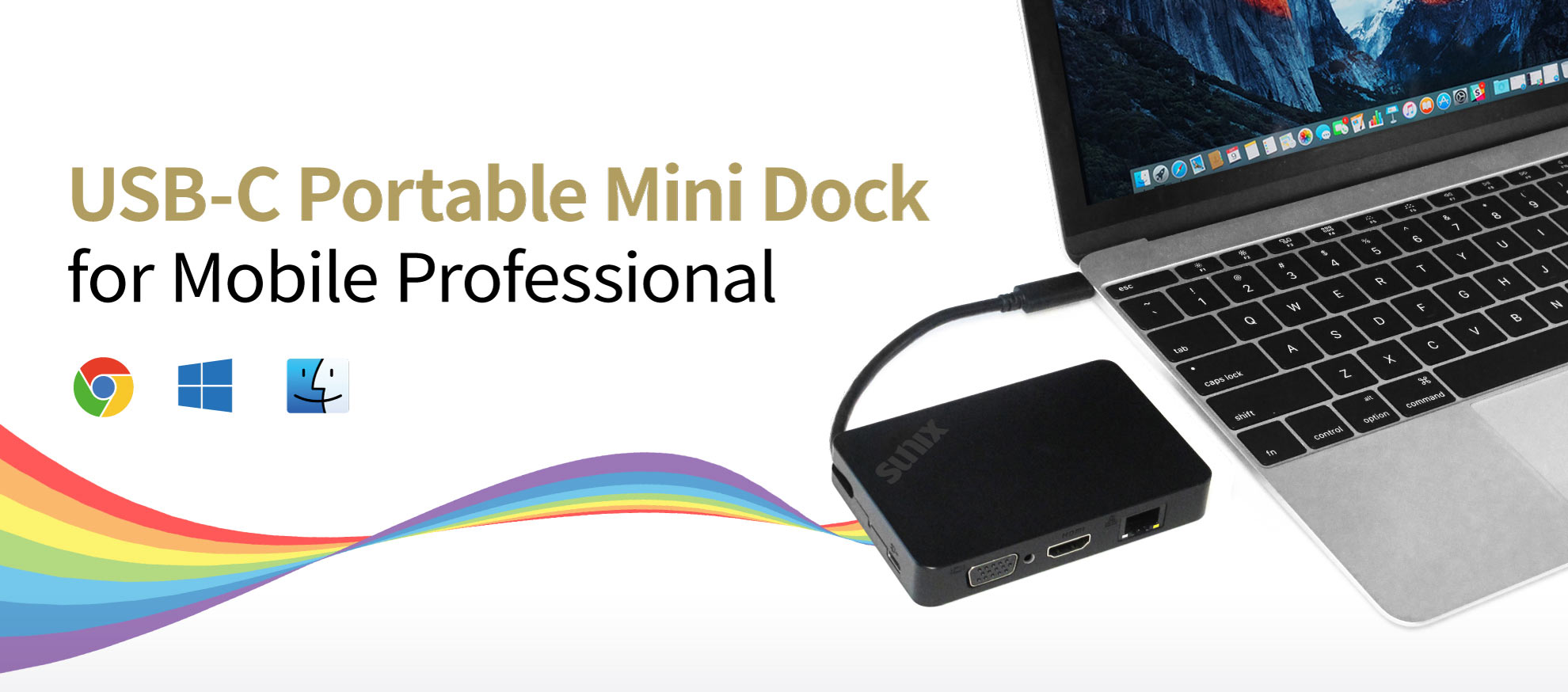 UNIX Portable Mini Dock (CCV50PB) is a 4­-in-­1 device docking station, including HDMI/VGA/Ethernet/USB 3.0 connectivity. This small, multiple­interfaces, compact dock will replace up to 3 dongles, leaving you more space in your bag and on your desk. With USB Power Delivery feature, it enables the maximum functionality of USB by providing more flexible power delivery along with data over an USB 