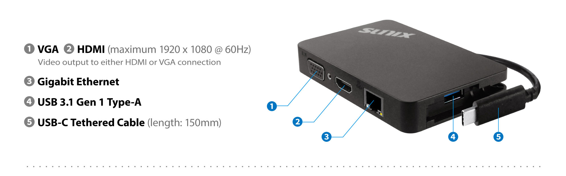 SUNIX Portable Mini Dock (CCV50PB) is a 4-in-1 device docking station, including HDMI/VGA/Ethernet/USB 3.0 connectivity. This small, multipleinterfaces, compact dock will replace up to 3 dongles, leaving you more space in your bag and on your desk. With USB Power Delivery feature, it enables the maximum functionality of USB by providing more flexible power delivery along with data over an USB