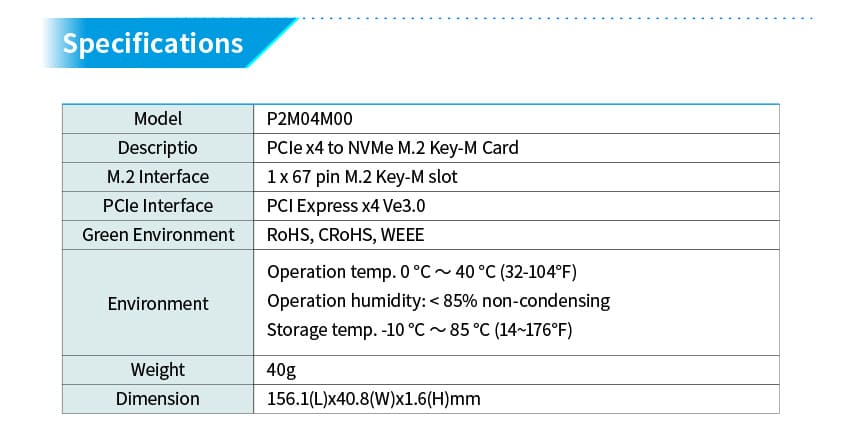 PCIe x4 to NVMe M.2 Key-M Card #P2M04M00